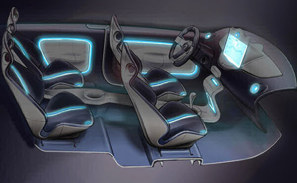 Voici une autre ambiance  base de couleurs bleues que l'on peut crer  bord de cette Twingo-Concept. Ces couleurs donnent un ct high-tech au concept-car.<br>
On remarque l'clairage courant sur les siges et l'intrieur des portes..